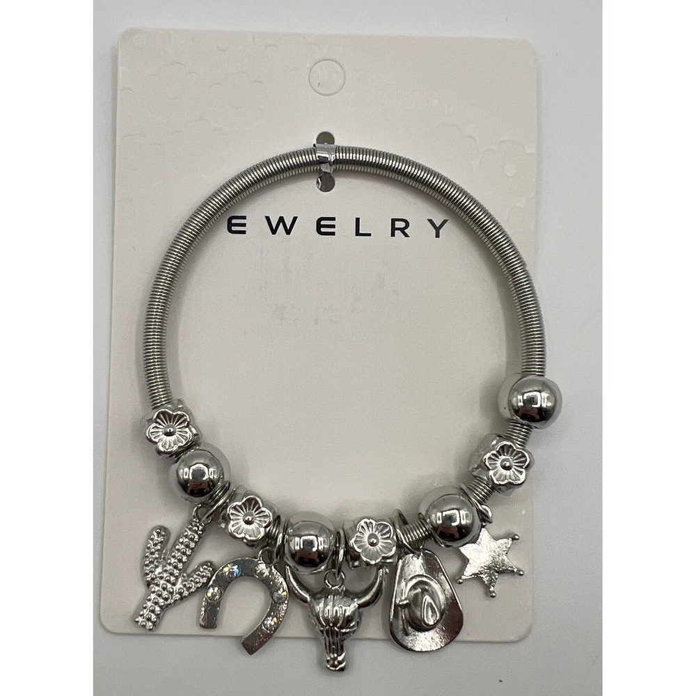 Western Charm Bracelet Silver Tone Cactus Horseshoe Bull Skull Cowboy Hat Star